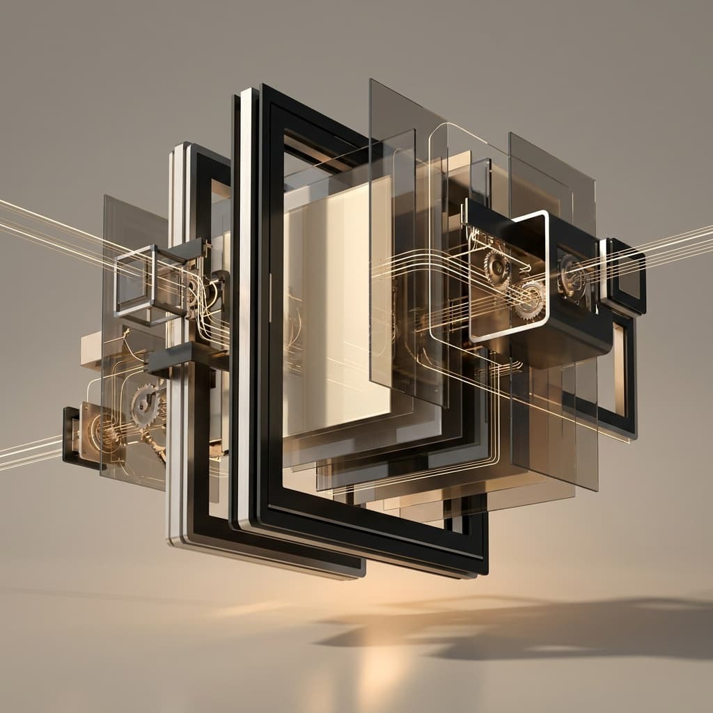 Layered digital foundation structure in black titanium, glass, and champagne gold
