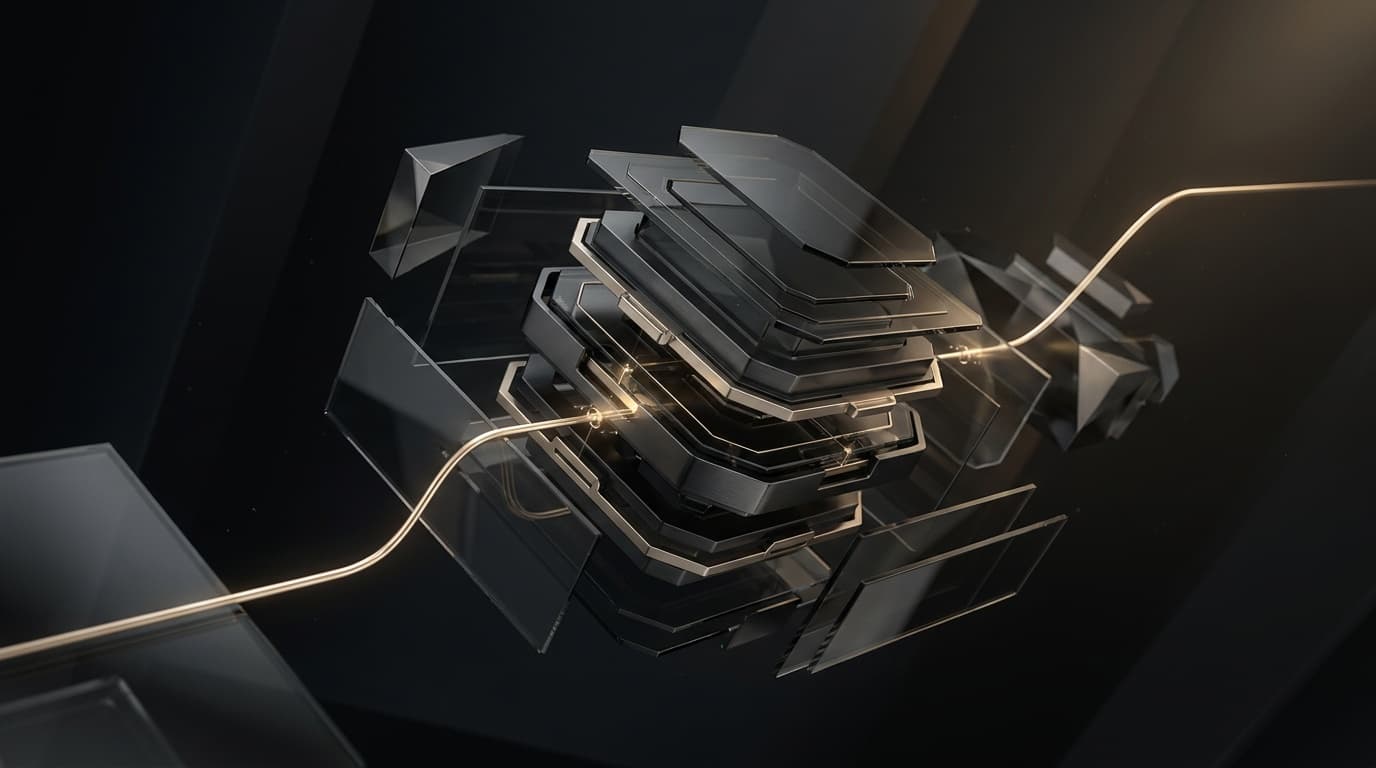 Precision digital craft assembly of black titanium plates pierced by a champagne-gold filament