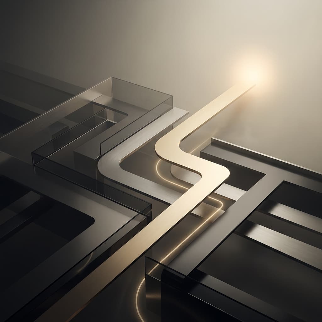 Champagne-gold path cutting through dark architectural planes toward a distant light