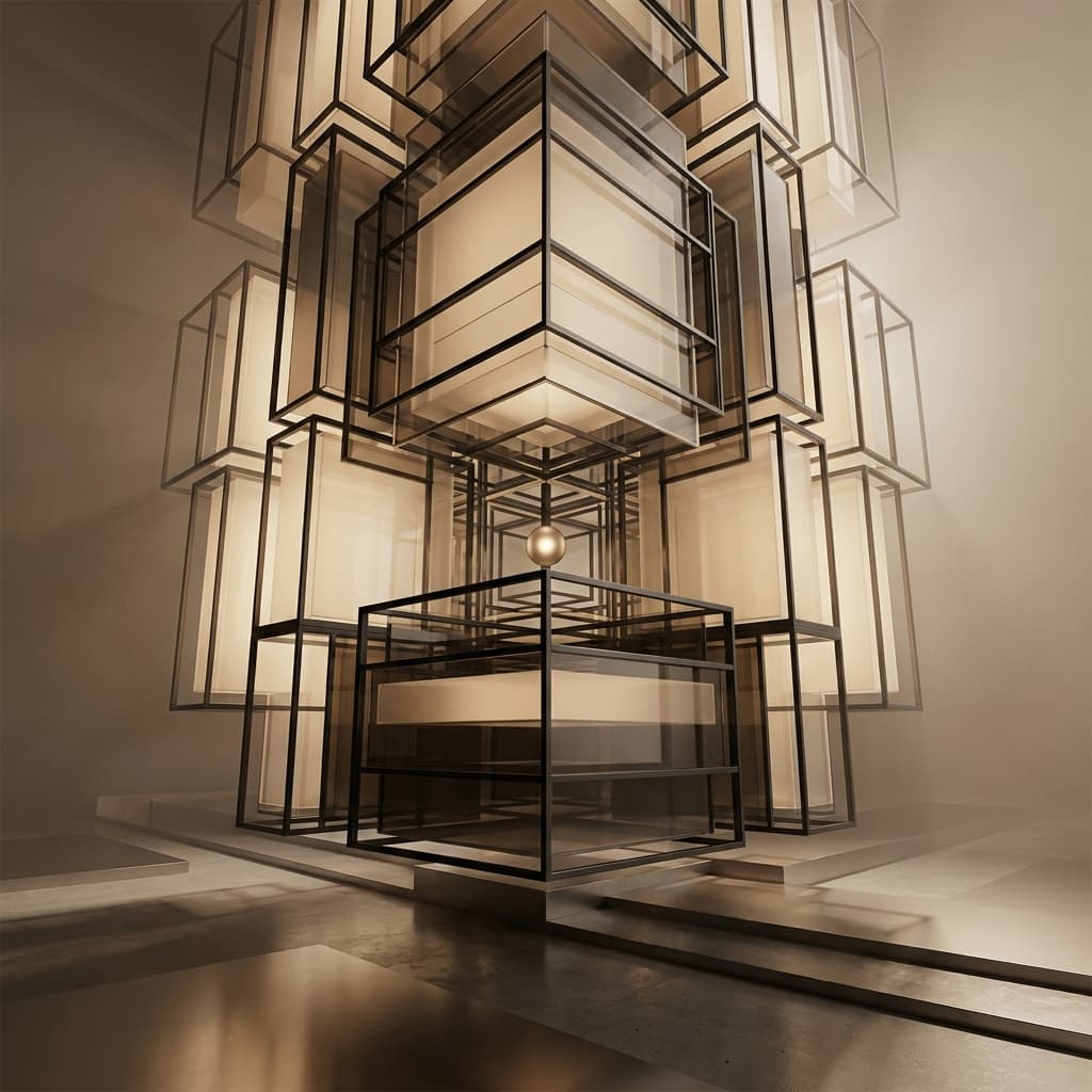 Monumental glass-and-titanium spatial network with a champagne-gold focal node