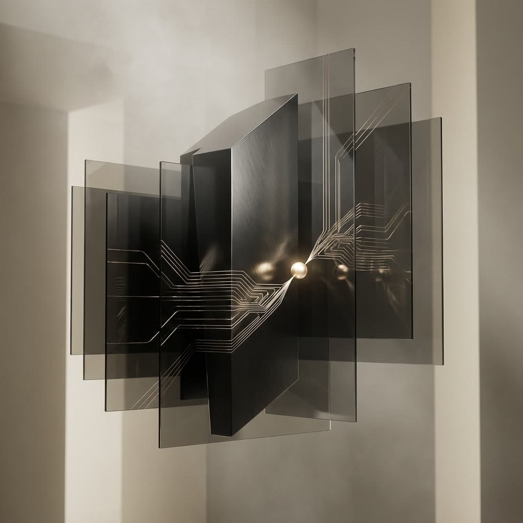 Dark metallic structure with champagne-gold signal pathways converging on a luminous node