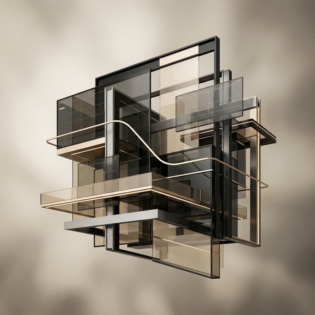 Precision-engineered digital architecture of titanium frames and smoked glass