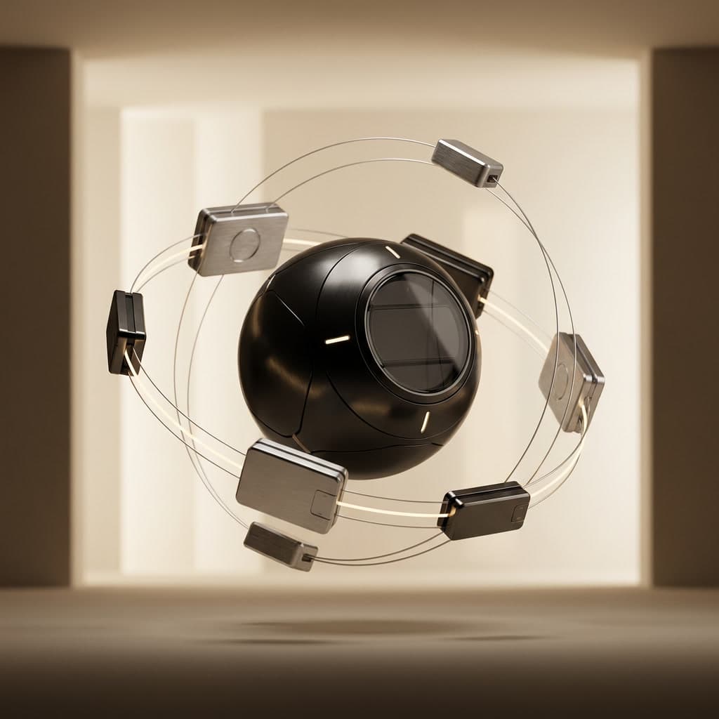Central black-titanium core with synchronized orbiting metallic modules